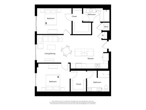 Floor plan for 2 beds, 2 baths, 1147 sqft